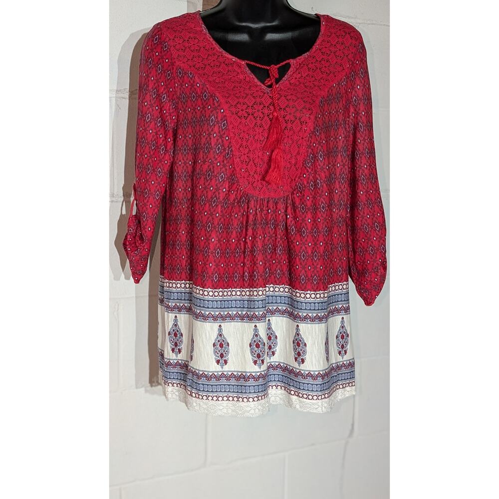 Vintage American Blues Red Bohemian Tunic Top Tassels 3/4 Sleeves Blouse Small
